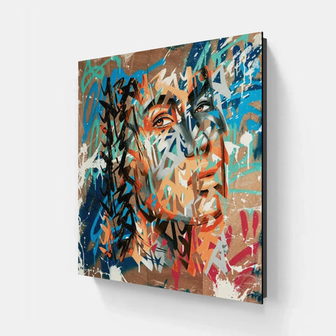 A painting of a woman’s face with colorful paint strokes