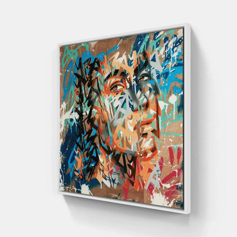 A painting of a woman’s face with colorful paint strokes