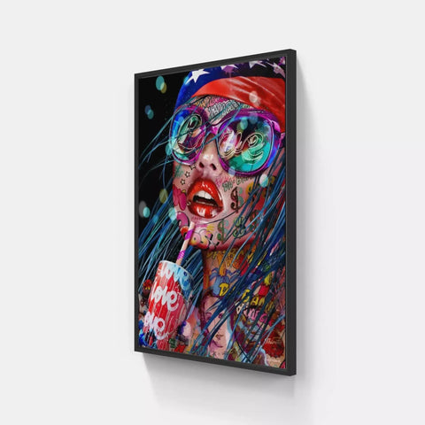 A framed canvas with a woman’s face painted in bright colors