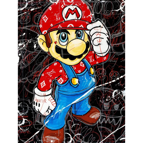 A painting of a cartoon character with a red hat and blue overalls