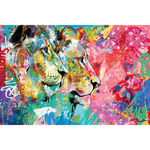 A painting of a lion with colorful paint strokes