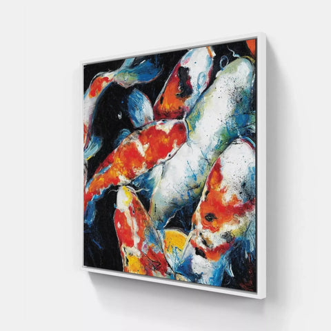 A painting of koi fish in a white frame