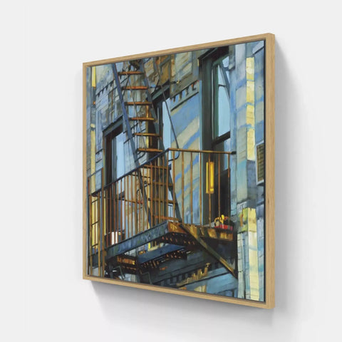 A painting of a building with a ladder