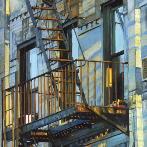 A painting of a building with a fire escape