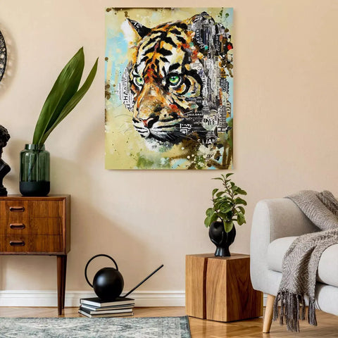 A painting of a tiger on a wall