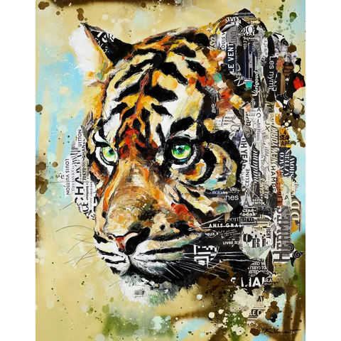 A painting of a tiger with a city skyline in the background