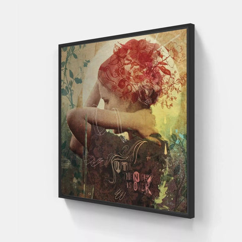 A woman with flowers in her hair and a flower crown on her head, framed canvas wall art print