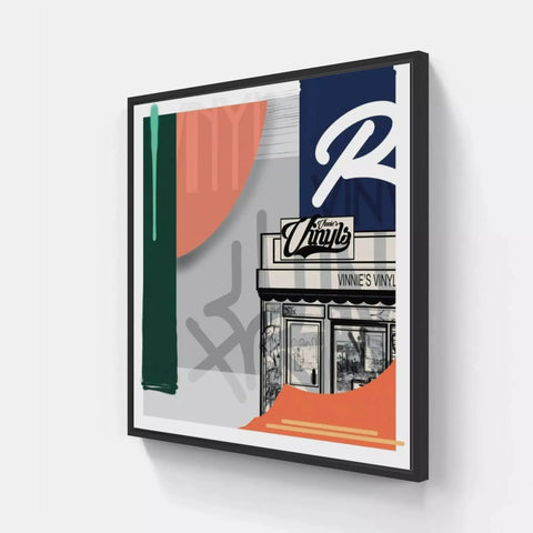 A framed print of a storefront with a colorful design