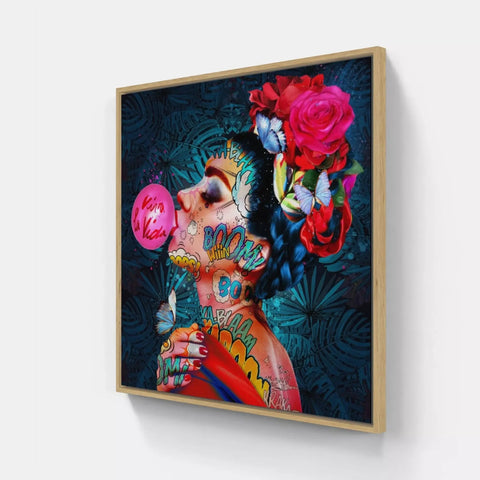 A framed print of a woman with flowers