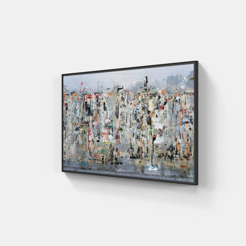 A large abstract painting on a wall