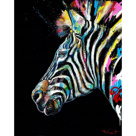 A painting of a zebra with colorful paint