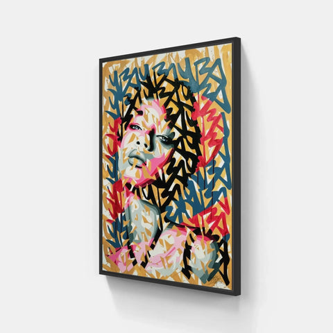 A painting of a woman’s face with colorful leaves on the wall