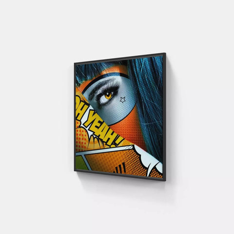 A painting of a woman with blue hair and a comic face