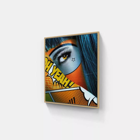 A painting of a woman with blue hair and a comic face