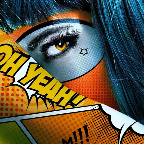 A woman with blue hair and a comic face